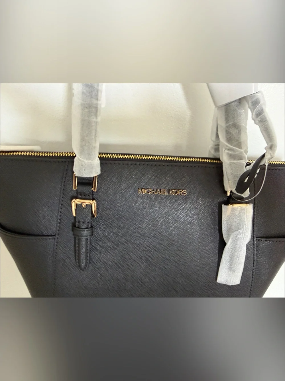 Michael Kors Black Leather Tote with Gold Hardware